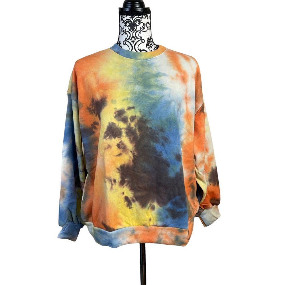 All In Favor Women's Tie Dye Blue Orange Crew Neck Pullover Sweatshirt Small - Picture 2 of 6